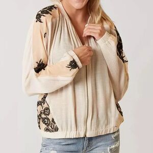 En crème pale bomber jacket floral embroidered zip up size M